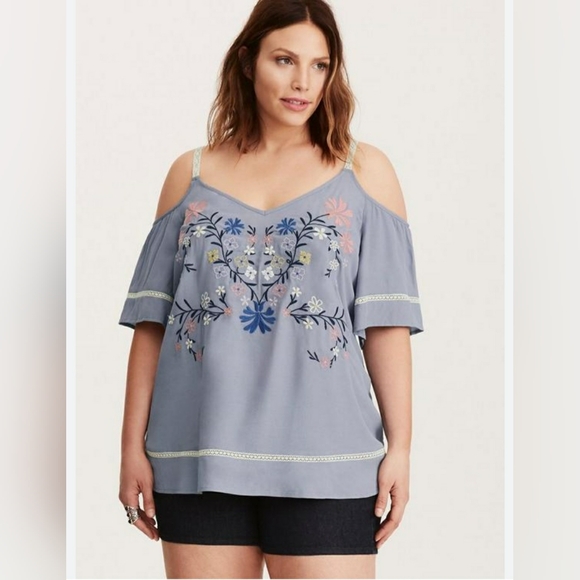 NEW TORRID BLUE EMBROIDERED COLD SHOULDER TOP...SIZE:0 - Picture 2 of 13